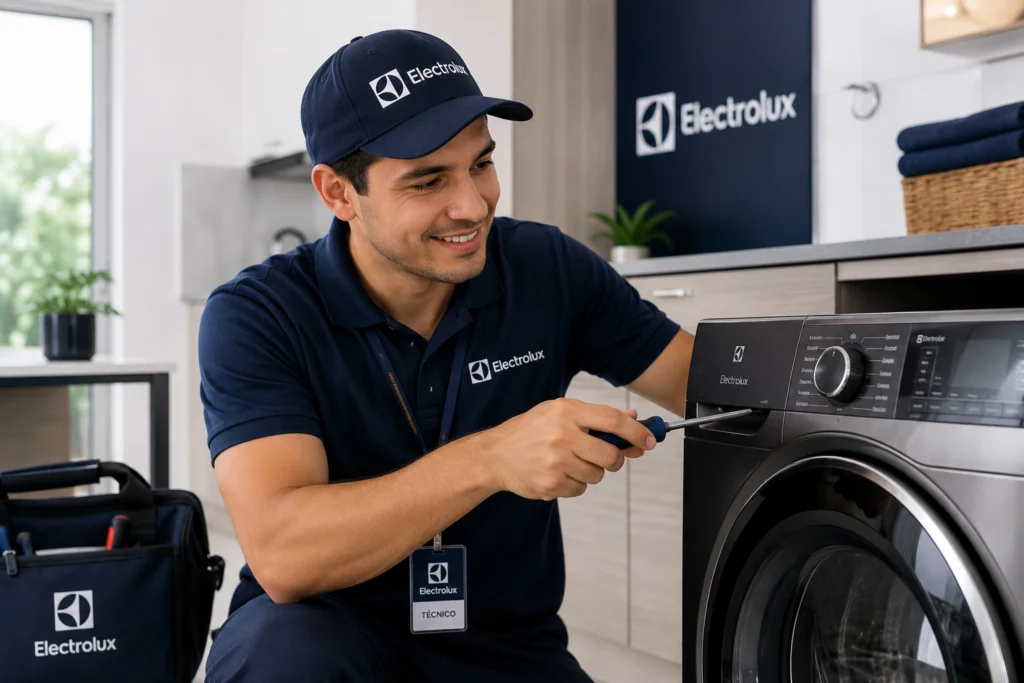 Técnico oficial Electrolux reparando una lavadora a domicilio en Costa Rica